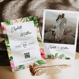 Tropical Leaves Photo Wedding Invitation Template with Qr Code, Printable Summer Beach Wedding Invite Template, E-Invitations for Wedding