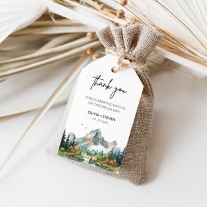 Mountain Forest Evergreen Tree Thank You Favor Gift Tags Template, Wedding Thank You Tags, Watercolor Mountain Outdoor Wedding Gift Tags
