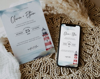 Delicate Dusky Blue Red Lighthouse Wedding Invitation Template, QR Code RSVP Wedding, Beach Seaside Lighthouse Wedding Electronic Invitation