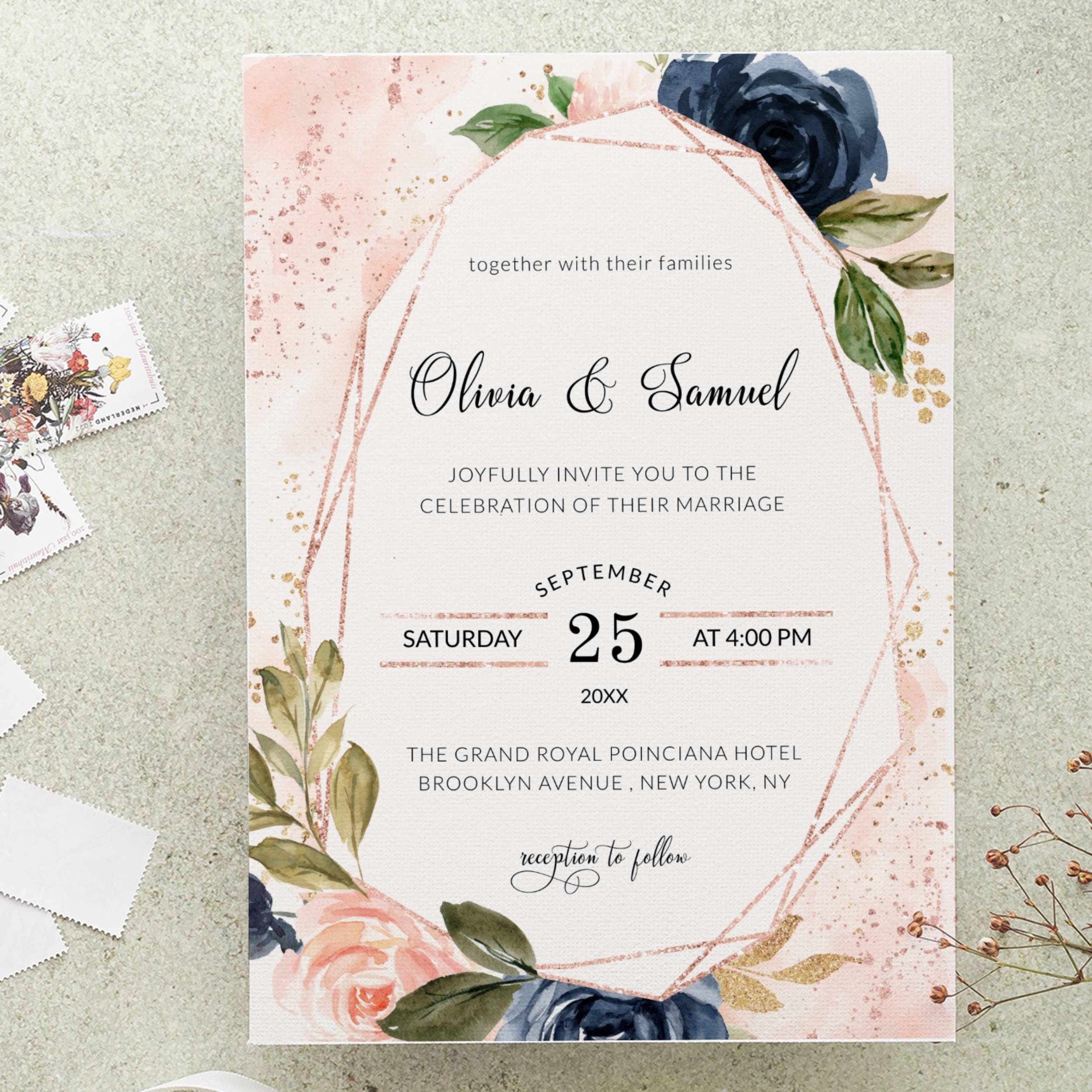 Floral Wedding Invitation Template, Navy Blue & Blush Pink Floral