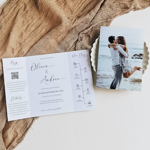 Plantilla de invitación de boda plegable con íconos, invitación de boda plegable imprimible, tarjeta de boda plegable con foto en tres partes, código QR RSVP incluido