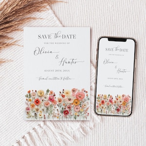 Geperste bloemen Save The Date-sjabloon, afdrukbare Save the Date, bruiloft met wilde bloemen, Save the Date, kleurrijke bloemen, online Save the Date