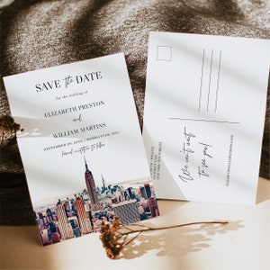 Modèle « Save The Date » NEW YORK CITY, carte postale « Save Our Date » de New York, ligne d'horizon de New York Empire State, carte « Save The Date » de destination avec photo