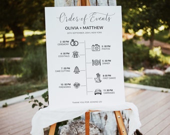 Modern Wedding Timeline Sign Template with Icons, Order of Events Sign, Wedding Itinerary Sign, Printable Wedding Events Timeline Sign, 40