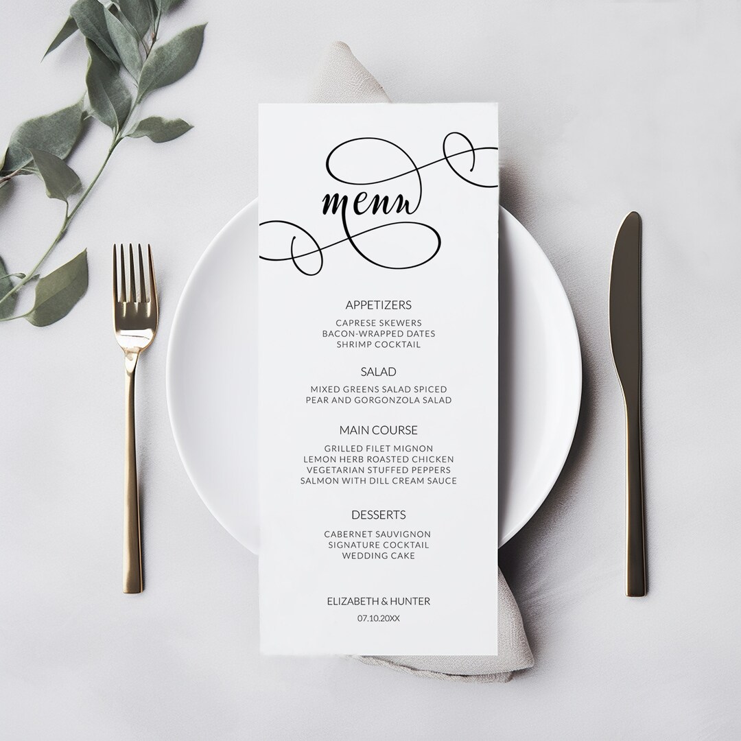 Whimsical Calligraphy Wedding Menu Template, Printable Dinner Card ...