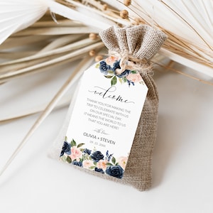 Navy Blue & Blush Pink Floral Wedding Calligraphy Welcome Gift Tags Template, Printable Wedding Welcome Favor Tag, Hotel Welcome Bag Tag