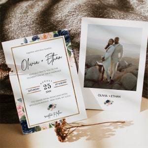 May include: A wedding invitation with a gold border and floral design. The invitation reads "Olivia + Ethan" and includes the date and time of the wedding. The invitation also includes the location of the wedding, which is The Grand Royal Poinciana Hotel in Brooklyn, New York.