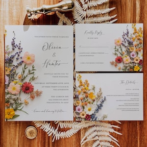 Modèle de suite d'invitations de mariage fleurs sauvages, fleurs pressées, ensemble d'invitations de mariage bohème imprimable, fleurs colorées, carte de détails, carte RSVP
