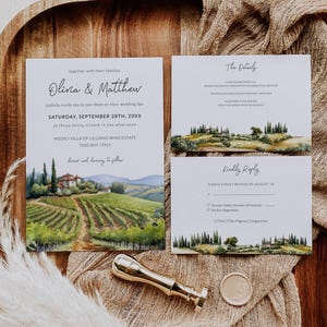 TOSCANE bruiloft uitnodiging suite sjabloon afdrukbare wijngaard Toscane Italië bruiloft bestemming RSVP kaart details kaart digitale download