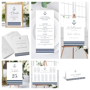 PAQUETE DE LETREROS DE BODA con ancla náutica, tarjeta con número de mesa de boda, tarjeta de menú de boda, plantilla de paquete de boda náutica, pruébelo antes de comprarlo