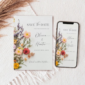 Sjabloon voor wilde bloemen, bewaar deze datum, afdrukbare bewaar deze, geperste bloemen bruiloft bewaar deze, kleurrijke bloemen, online bewaar deze datum