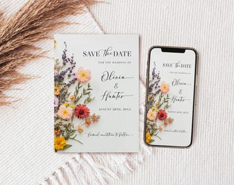 Wildflower Save The Date Template, Printable Save the Date, Pressed Flowers Wedding Save the Date, Colorful Flowers, Online Save Our Date