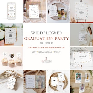 Wildflower Graduation Party Bundle Template, Editable Congrats Graduate Party Decor Set Package, Printable Floral Girl Grad Party Invitation