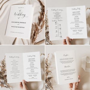 May include: A collection of wedding stationery, featuring invitations and programs with a minimalist design. The text is in black script on a white background. The names Elizabeth Thomas and William Martins are displayed, along with wedding details.