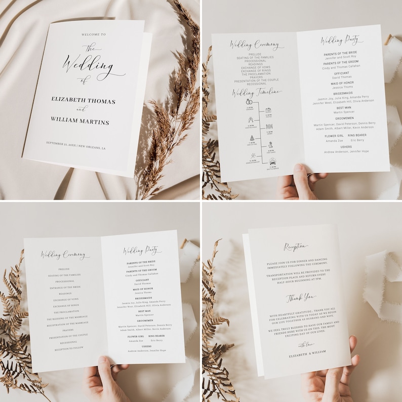 Modern Script Wedding Program Program & Timeline Template with Icons, Foldable Printable Minimalist Wedding Brochure Program Template
