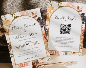 Autumn Terracotta Burnt Floral Glitter Arch Frame Script Wedding Invitation, Qr Code Invite, Photo Wedding Electronic Invitation Template