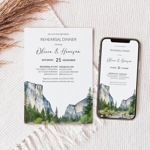 YOSEMITE Valley Destination Rehearsal Dinner Invitation Template with Photo, Printable Yosemite National Park Mountain Rehearsal Invitation