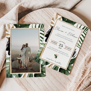 May include: A tropical-themed wedding invitation with gold accents and a photo of a couple in front of a mountain landscape. The invitation includes the names Olivia and Ethan, the date September 25, 20XX, and the time 4:00 PM. The invitation also includes the location of the wedding, The Grand Royal Poinciana Hotel, Brooklyn Avenue, New York, NY 11215.
