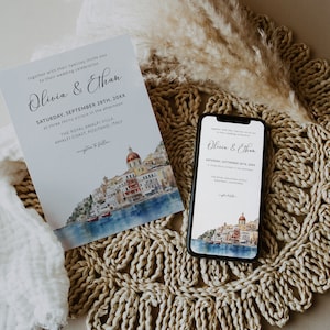 AMALFI Coast Wedding Invitation Template, QR Code RSVP, Watercolor Positano Amalfi Photo Wedding Invitation, Italy Destination Wedding