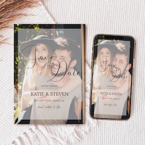 May include: Save the date card with a photo of a couple in front of a blurred background. The text reads "Save the Date" in cursive script, followed by "will be married" and "Katie & Steven". The date is listed as "SEP 2T 20XX" and the location is "NAPA, CA".