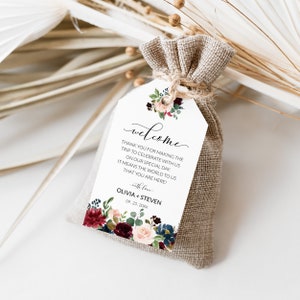 Burgundy & Blush Pink Floral Wedding Calligraphy Welcome Gift Tags Template, Printable Wedding Welcome Favor Tag, Hotel Welcome Bag Tag
