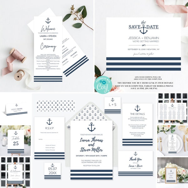 Nautical Anchor Wedding Invitation Suite Template, WEDDING BUNDLE, Full Editable Color, Nautical Wedding Bundle Template, Try Before You Buy