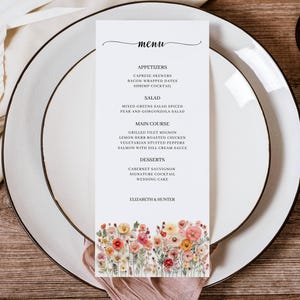Modèle de Menu de mariage fleurs sauvages, tiges de fleurs à imprimer, feuilles de fougère, jardin fleurs pressées colorées, menu modifiable pour le dîner pour la douche nuptiale