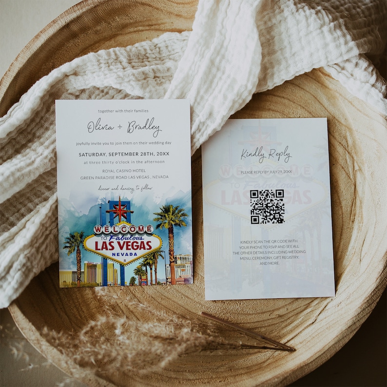 LAS VEGAS Wedding Invitation Template With Photo, QR Code Rsvp