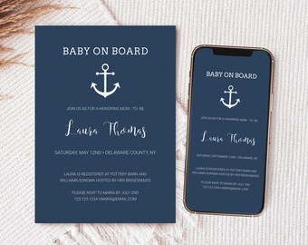 Nautical Baby Shower Invitation Template, Ocean Theme Baby Shower Invite, Nautical Anchor Baby on Board, Online Baby Shower Invitation