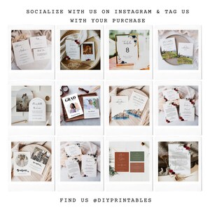 May include: A collection of various invitation cards and stationery items, including wedding invitations, table numbers, and graduation announcements. The cards feature floral designs, photographs, and handwritten fonts. The text "SOCIALIZE WITH US ON INSTAGRAM & TAG US WITH YOUR PURCHASE" is visible.