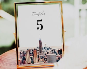 New York City Wedding Table Numbers Template, 5x7, 4x6 Watercolor New York Skyline Empire State, Destination Wedding Table Card