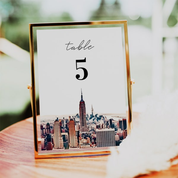 New York City Wedding Table Numbers Template, 5x7, 4x6 Watercolor New York Skyline Empire State, Destination Wedding Table Card