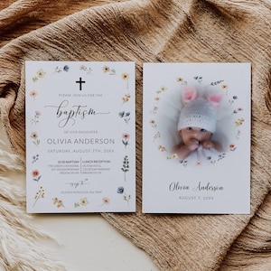 Wildflower Baptism Invitation Template, Printable Floral Baptism Invites, Online Christening Invite, Editable Celebrating a First Communion