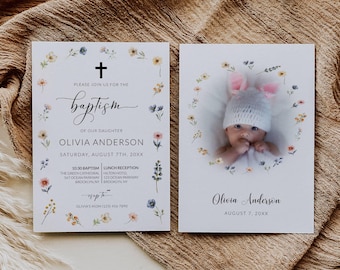 Wildflower Baptism Invitation Template, Printable Floral Baptism Invites, Online Christening Invite, Editable Celebrating a First Communion