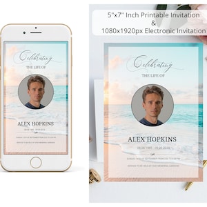 Beach Seaside Photo Funeral Memorial Electronic + Printable Template, Celebration of Life Invitations, Digital Funeral, Try Before You Buy