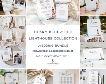 Dusky Blue Red Lighthouse Wedding Invitation BUNDLE Template, Printable Wedding Bundle, Full Editable Color, Seaside Wedding Bundle Template