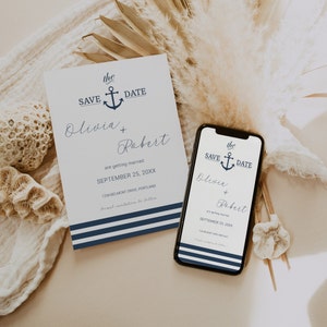 NAUTIK Sparen Sie das Datum Vorlage, Nautische Anker Gestreift Foto Save the Date Vorlage, setzen Sie Segel für Ihre Liebe mit einem nautischen Save the Date