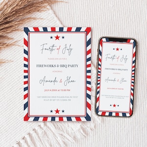 4th of July Invitation Electronic & Printable Template, Independence Day, BBQ/Celebration/Birthday Party Invitations, Red White Blue Invite