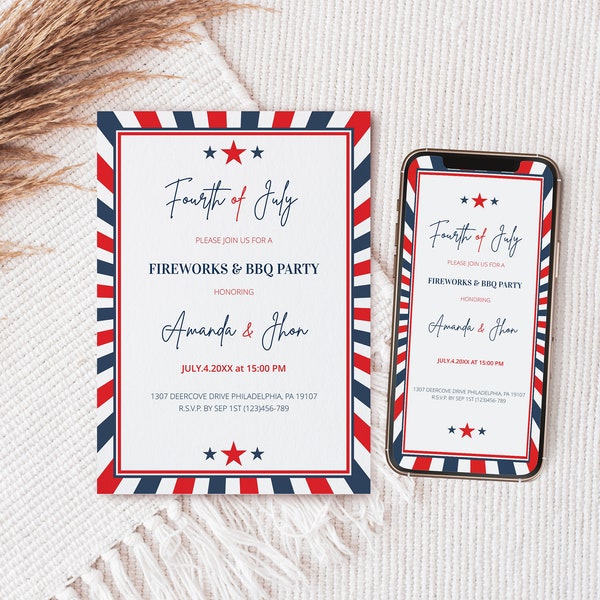 4th of July Invitation Electronic & Printable Template, Independence Day, BBQ/Celebration/Birthday Party Invitations, Red White Blue Invite