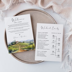 Italy Wedding Itinerary Timeline Card - Tuscany Vineyard Theme Welcome Letter with Watercolor Design