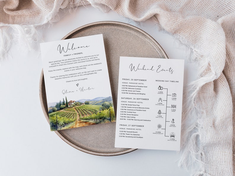 Italy Wedding Itinerary Timeline Card - Tuscany Vineyard Theme Welcome Letter with Watercolor Design