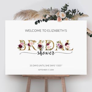 Floral Bridal Shower Welcome Sign Template, Printable Bridal Brunch Sign, Rustic Burgundy Marsala & Blush Pink Floral Bridal Shower Sign