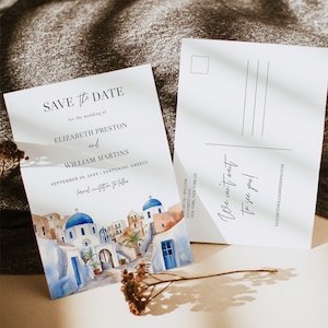 Modèle « Save the Date » de Santorin, carte postale « Save the Date » de Santorin, « Save the Date » aquarelle en Grèce, « Save the Date » pour les voyages