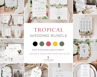 TROPICAL WEDDING BUNDLE Template, Printable Beach Wedding  Invitation Template Bundle, Summer Tropical Leaves Large Wedding Bundle Templates