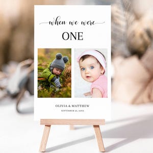 When We Were tafelnummers, minimalistische afdrukbare bruiloft babyfoto's kaart, moderne kinderfoto sjabloon, was oude foto tafelnummers