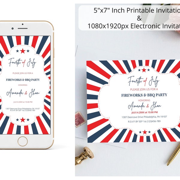 4th of July Invitation Electronic & Printable Template, Independence Day, BBQ/Celebration/Birthday Party Invitations, Red White Blue Invite