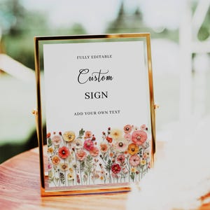 Modello di cartello personalizzato per matrimonio con fiori di campo, steli di fiori stampabili, foglie di felce, cartello del bar Mimosa, cartelli da tavolo con fiori pressati colorati da giardino