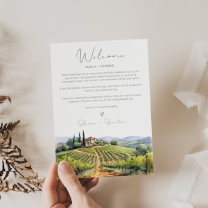 Vineyard Tuscany Wedding Itinerary - Customizable Welcome Letter Template with Icons for Italian Nuptials