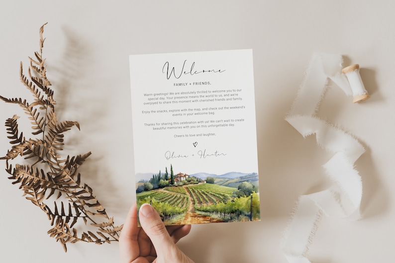 Vineyard Tuscany Wedding Itinerary - Customizable Welcome Letter Template with Icons for Italian Nuptials