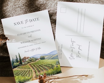 May include: Save the date postcard with a watercolor illustration of a vineyard in Tuscany, Italy. The text reads "Save the Date for the wedding of Elizabeth Preston and William Martins, September 25, 20XX | Tuscany, Italy. Formal invitation to follow."